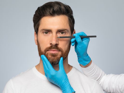 A plastic surgeon making marks on man's nose before correction procedure.