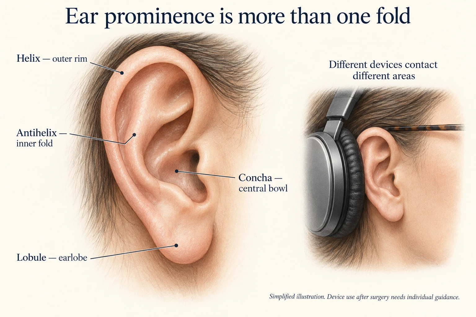 Labeled ear anatomy identifies the helix, antihelix, concha and lobule, with a second view illustrating different device contact areas.