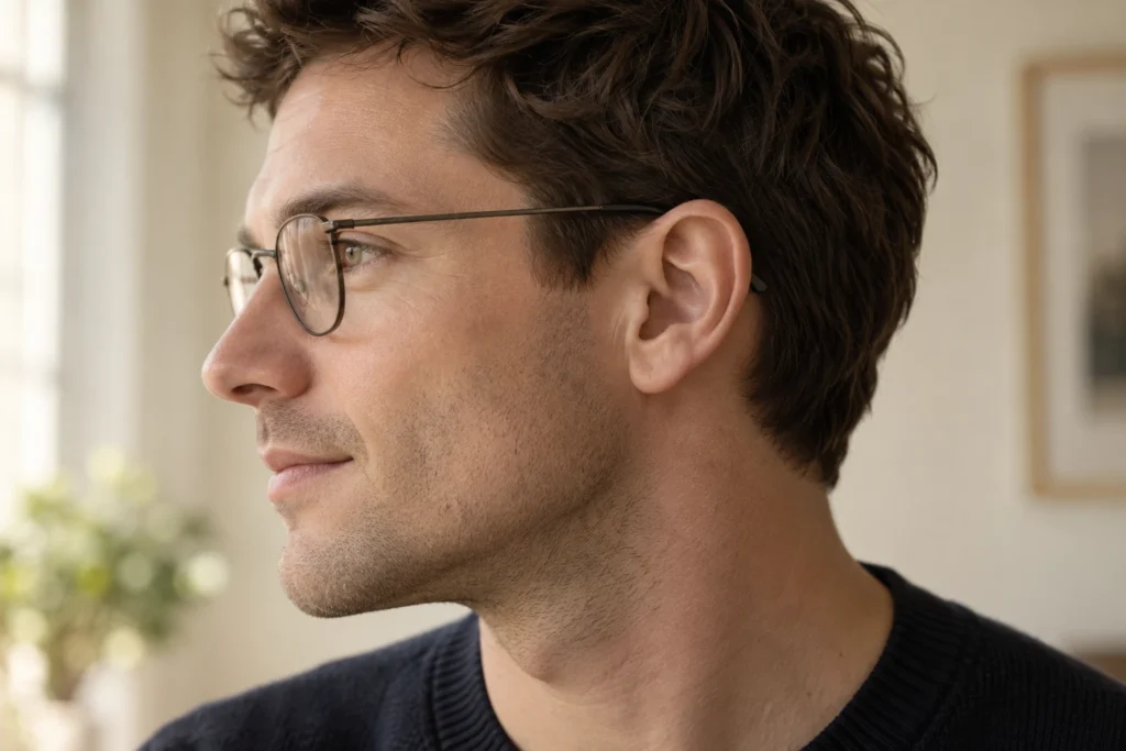 Editorial side portrait showing an adult ear and the position of an eyeglasses arm.
