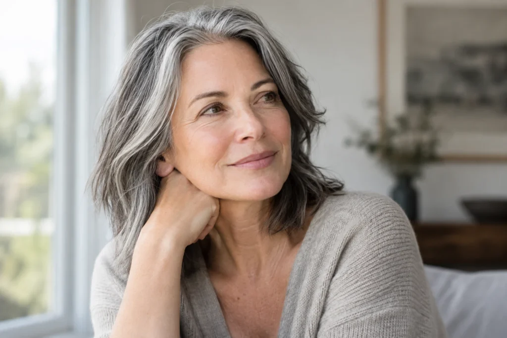 Editorial portrait of a mature woman with visible natural facial texture.