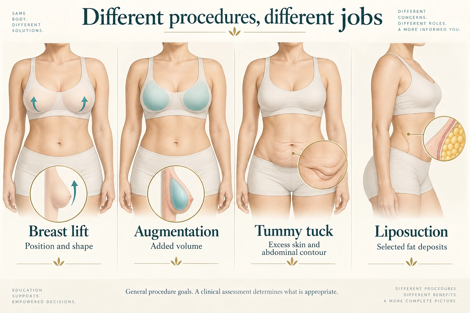 Illustrated body-procedure goals distinguish breast position and shape, added volume, abdominal skin and contour, and selected fat deposits.