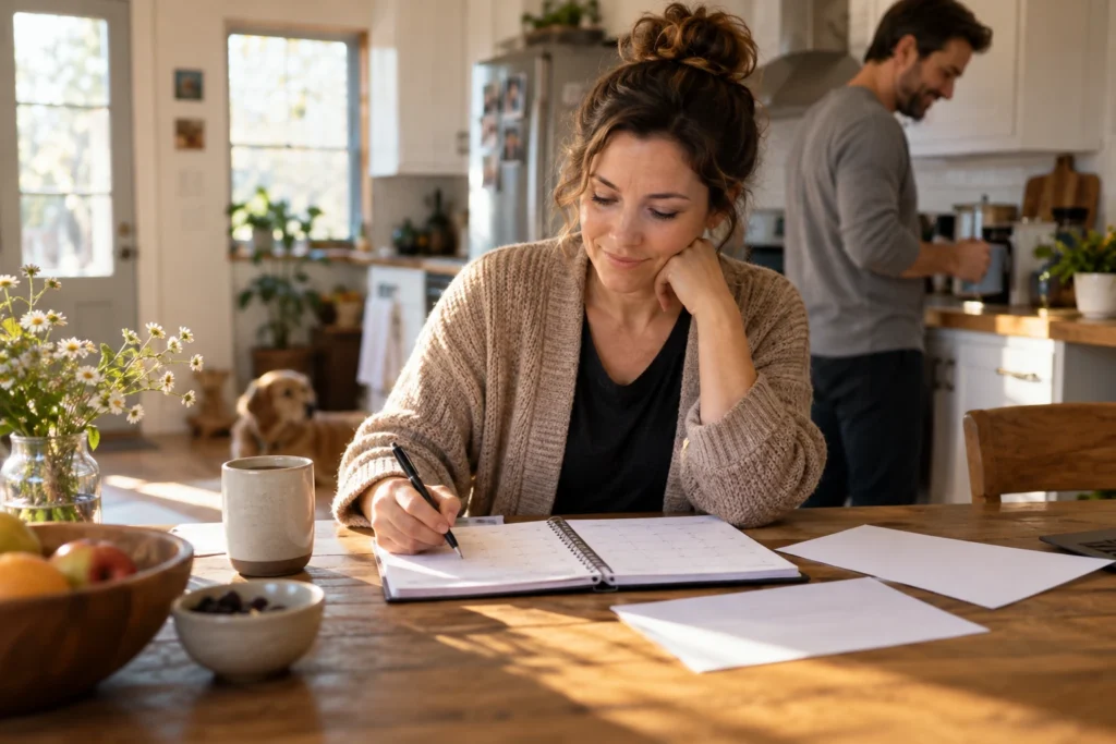 Editorial home scene illustrating household planning and shared practical support.