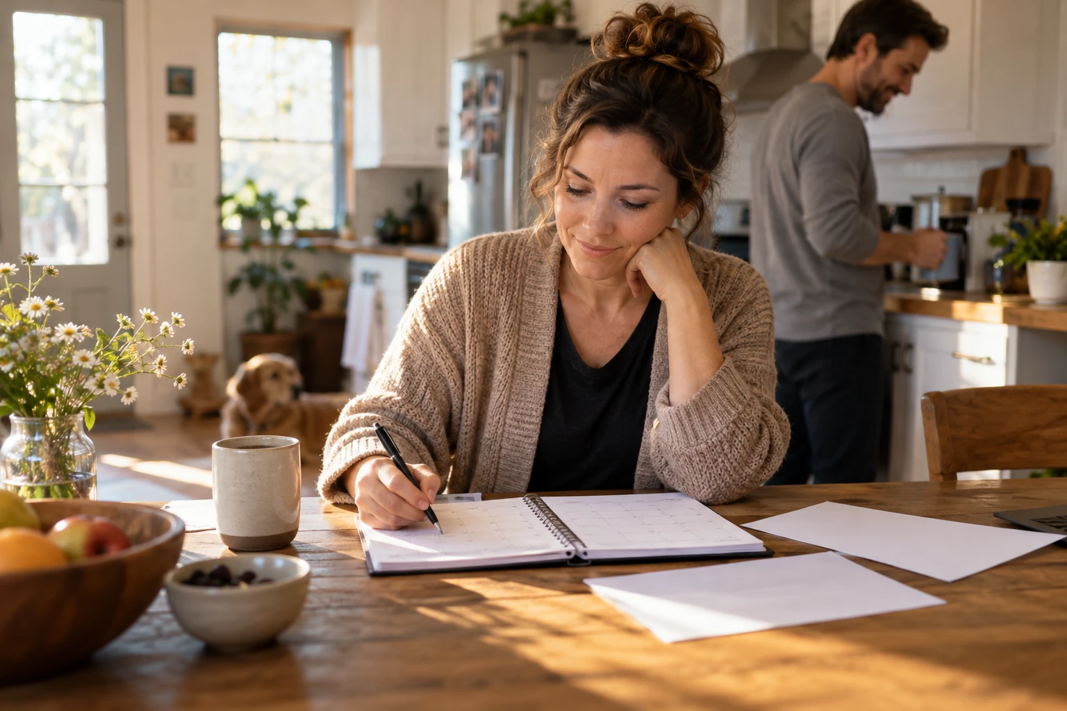 Editorial home scene illustrating household planning and shared practical support.