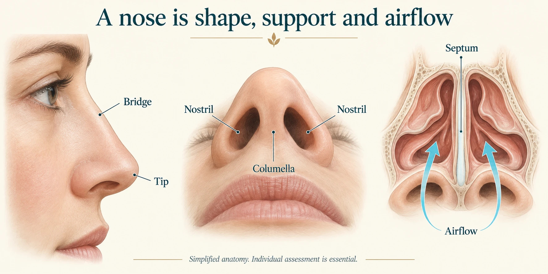 Illustrated profile, base and internal nasal views label the bridge, tip, nostrils, columella, septum and airflow.