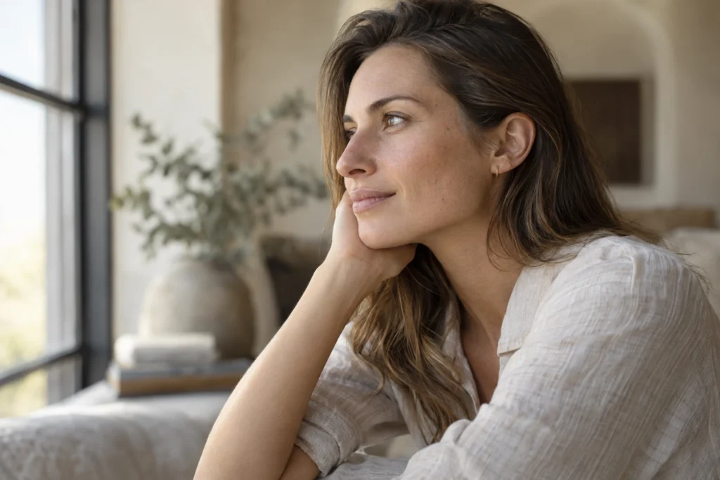Editorial portrait showing a natural nose in the context of the whole face.