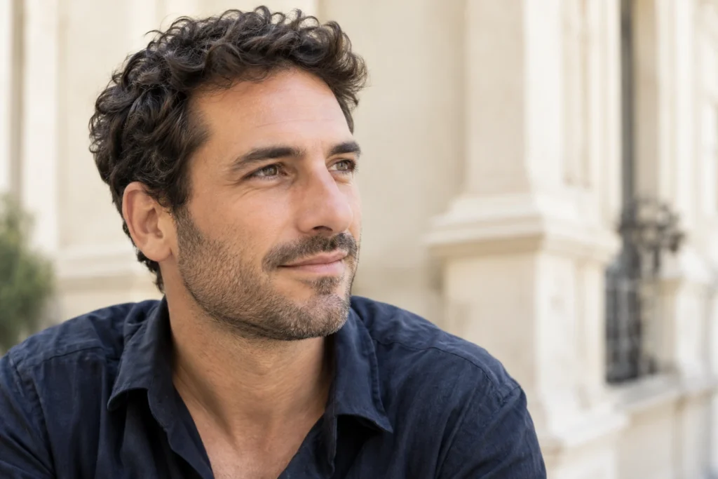 Editorial portrait of a man with a natural nose shown in three-quarter view.