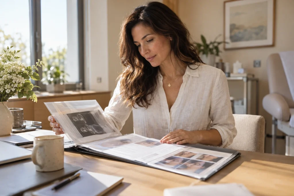 Editorial scene of a woman organizing records for a medical consultation.