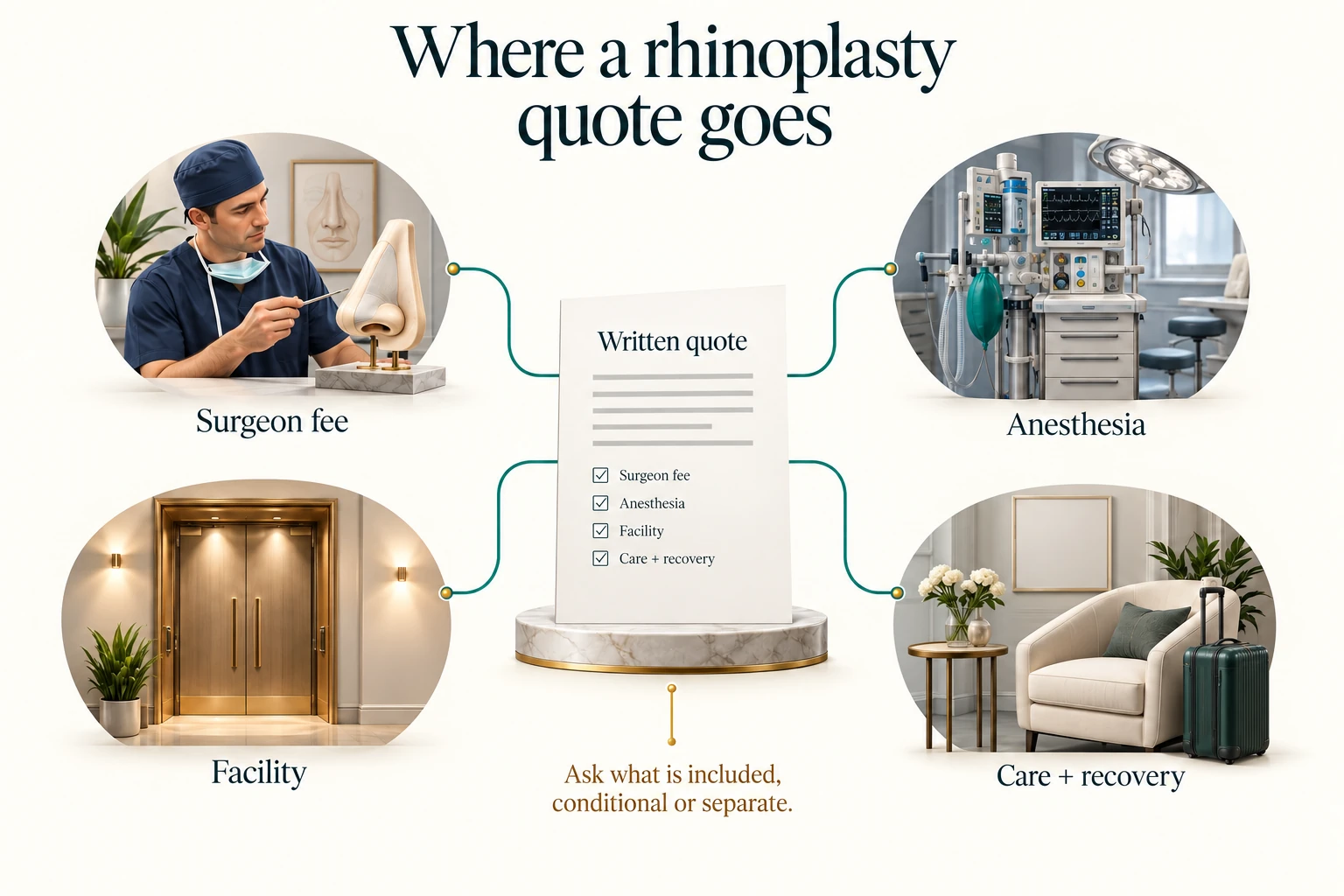 An illustrated quote document connects surgeon, anesthesia, facility and care-and-recovery components without assigning prices.