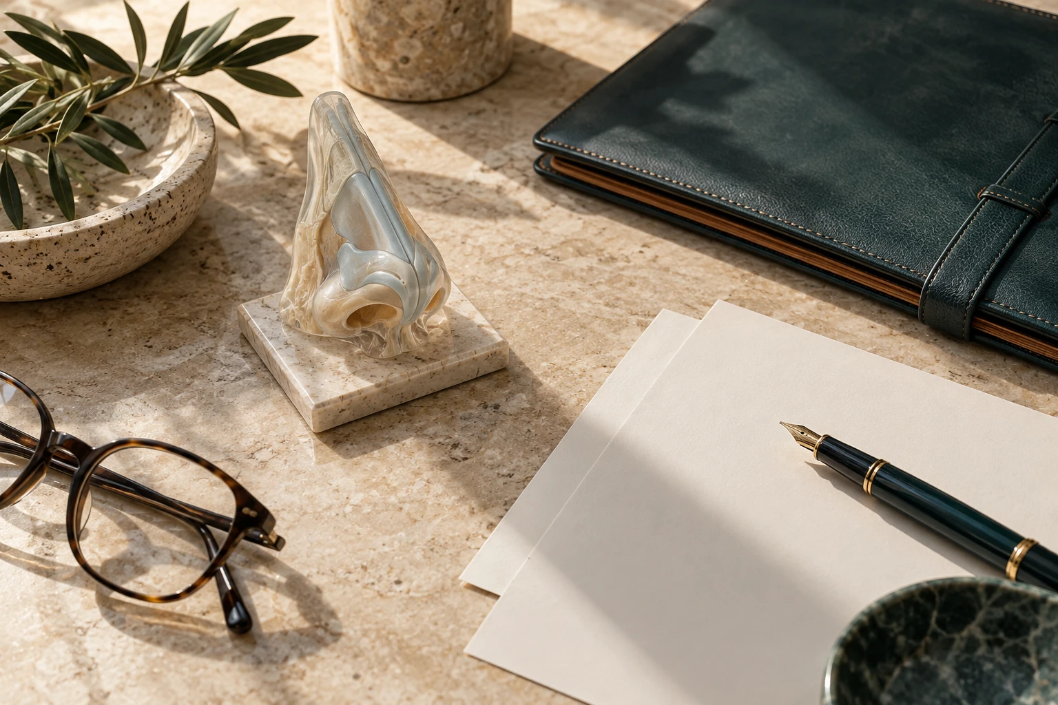 A nose anatomy model, consultation folder and writing materials on a desk.